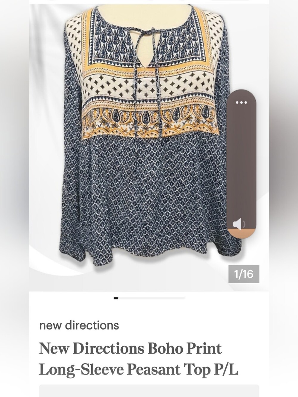 New Directions Boho Print Long-Sleeve Peasant Top P/L